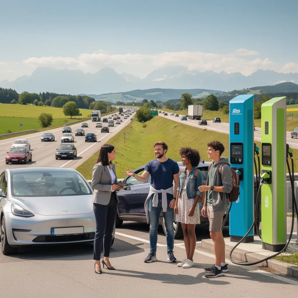 Kundinnen und Kunden, die an einer Schnellladestation auf ihre Elektroautos warten.