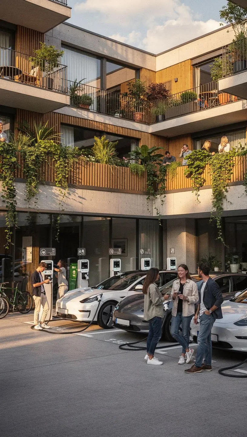 Ein Elektrofahrzeug, das an einer modernen Schnellladestation aufgeladen wird, mit Fortschrittsanzeige auf dem Bildschirm.