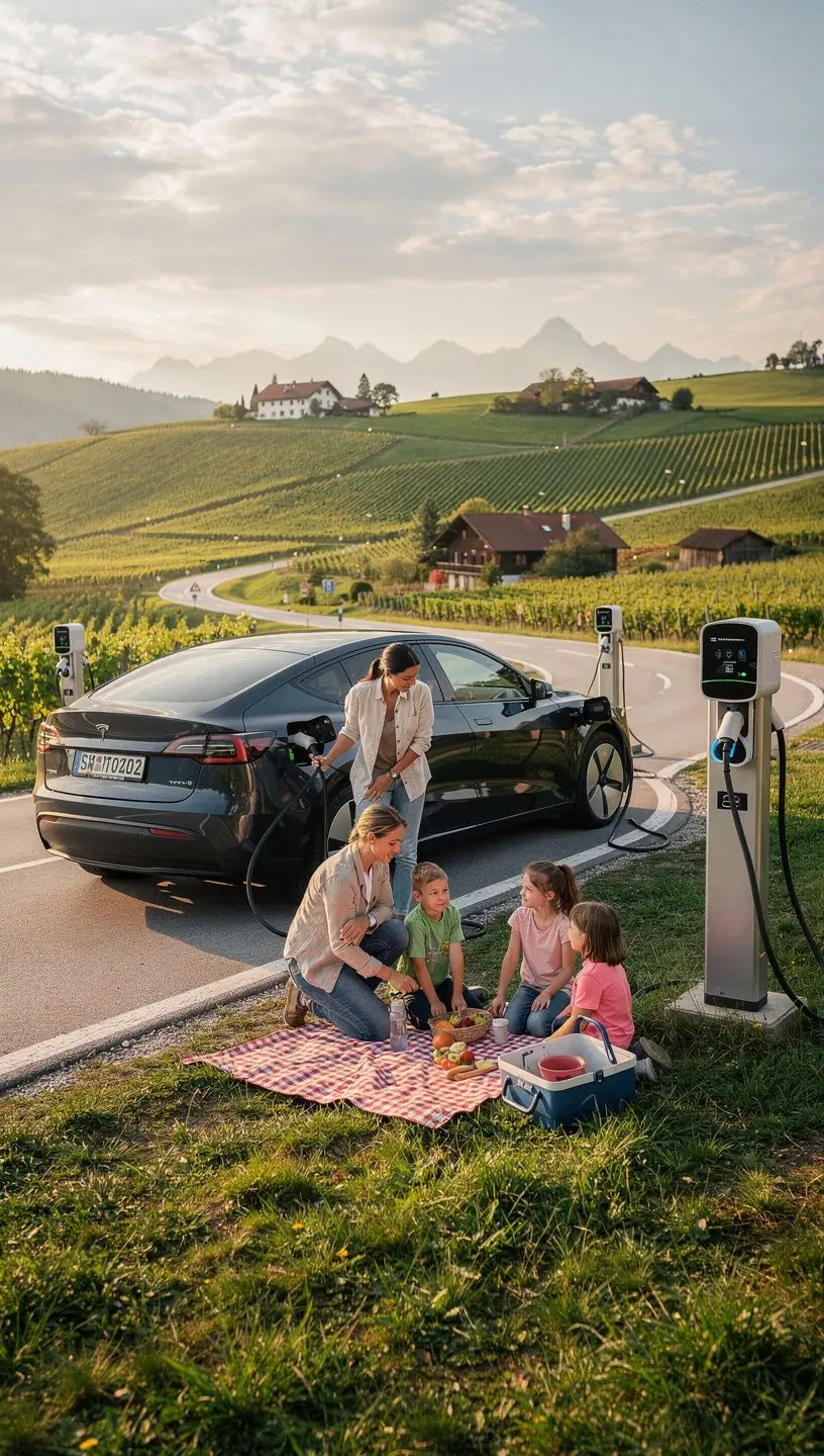 Ein Elektrofahrzeug fährt an einer Schnellladestation vorbei, die für den Betrieb bereit ist.
