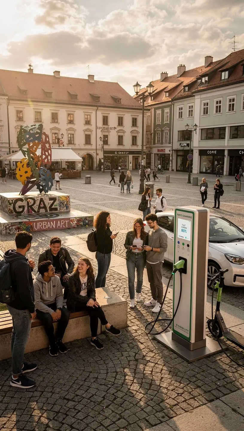 Ein zufriedener Fahrer überprüft die Ladeanzeige seines Elektroautos an der Station.